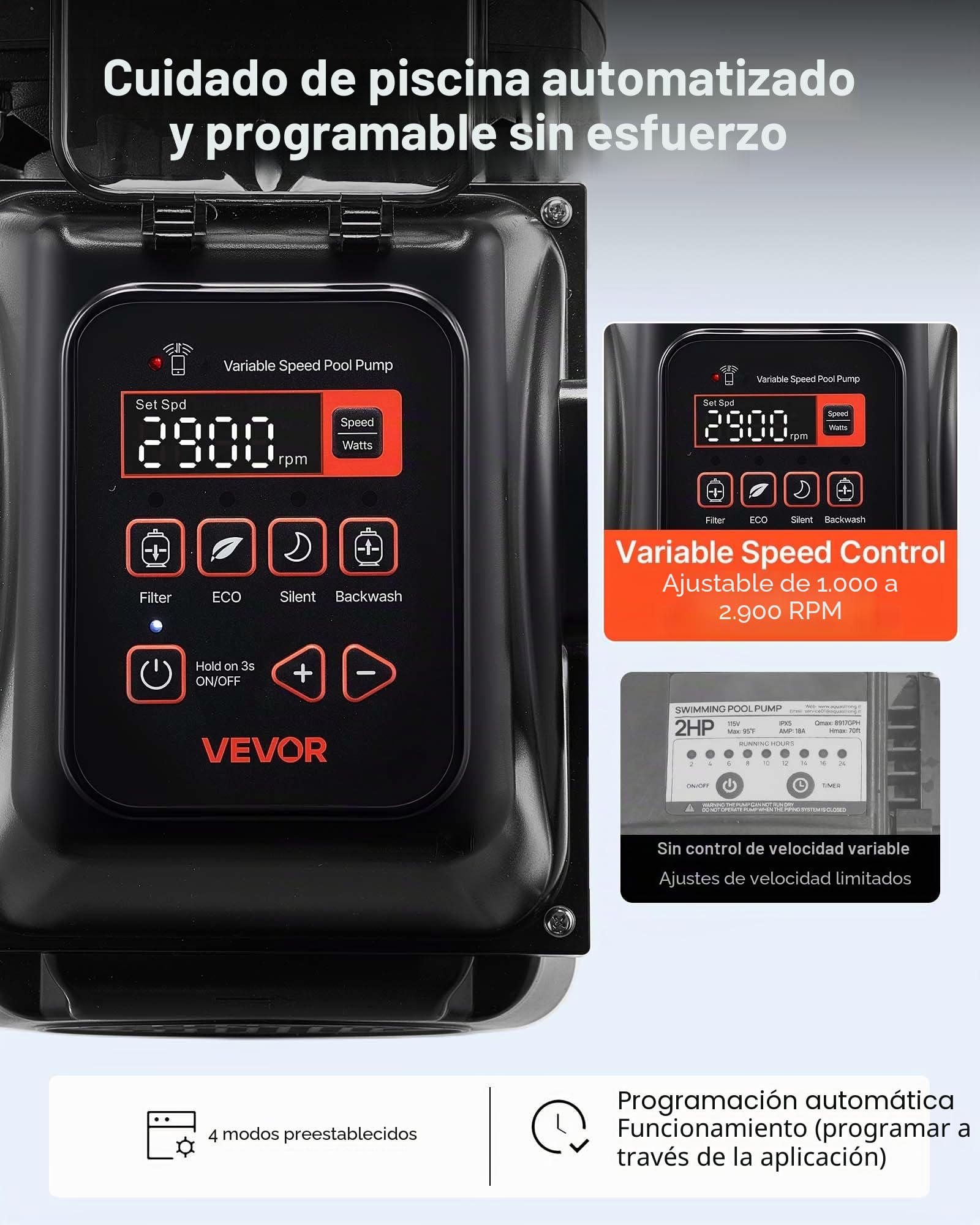 VEVOR Bomba para Piscina 1350 W de Velocidad Variable 1000 a 2900 rpm, Bomba de Filtración para Piscina, Caudal Máximo de 30.000 L/h, CA 220-240 V, Altura Máxima de Descarga de 16 m con Temporizador