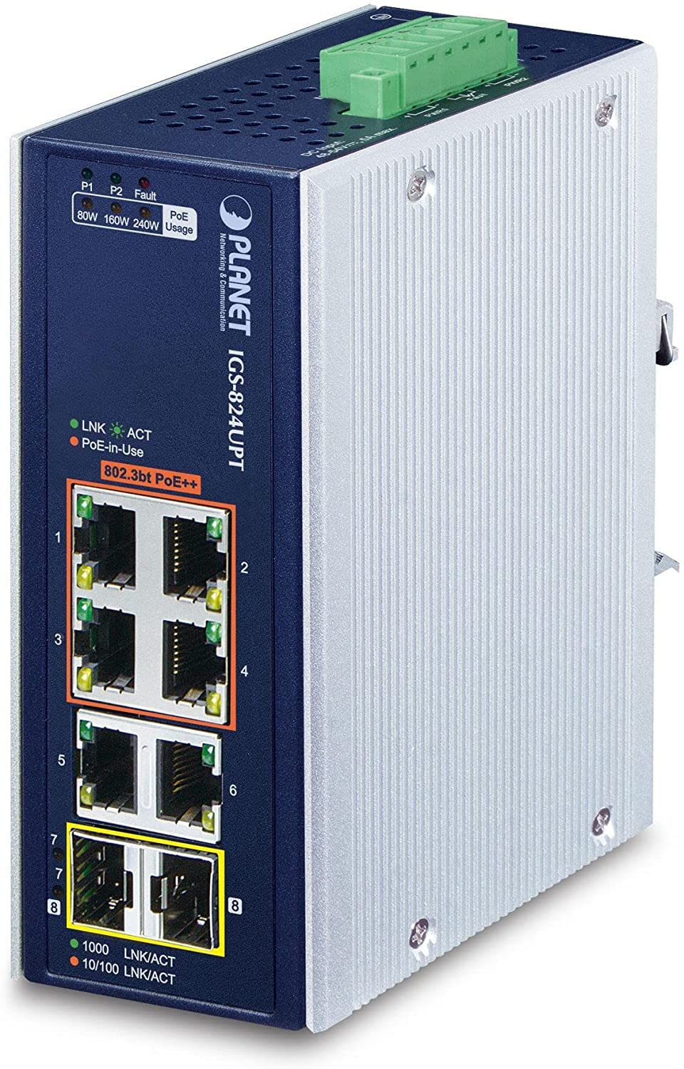 Planet IP30 Industrial Commutateur Ethernet Gigabit 4 Ports 10/100/1000T 802.3bt PoE + 2 Ports 10/100/1000T + 2 Ports 100/1000X SFP Gigabit Ethernet Switch