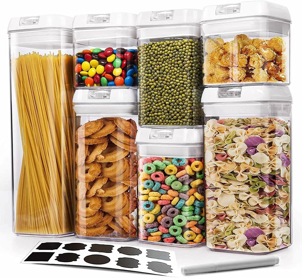 Upgraded Airtight Food Storage Container Set With Easy Lock Improved Lids,Kitchen & Pantry Organization 7 Pieces BPA Free Plastic for Dry Foods & Liquids,Include10 Free Chalkboard Labels and 1 Marker