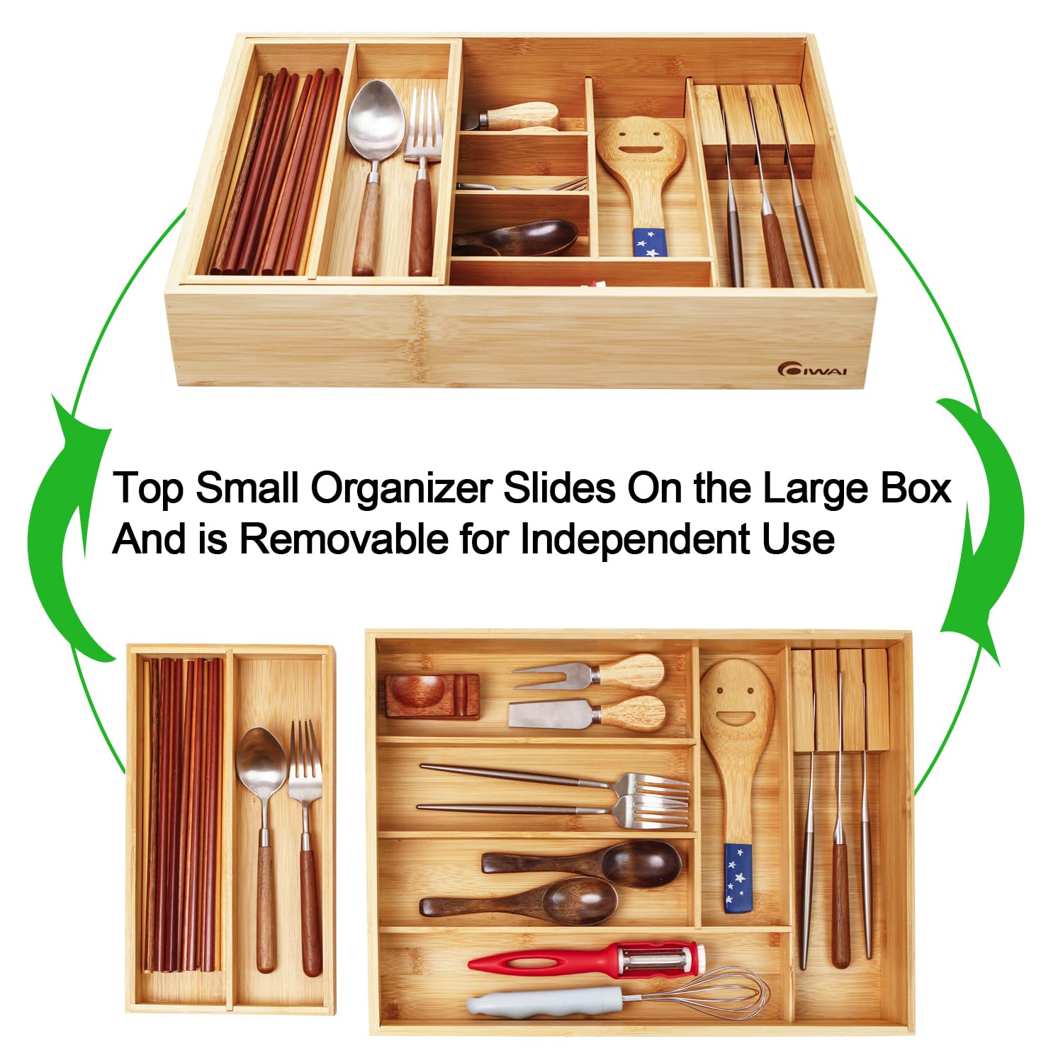 COIWAI Doppelschichtiger Bambus-Besteck-Schubladen-Organizer für Küche, Utensilien, Besteck, Besteckkasten, mit abnehmbarem Utensilienablage, mit Messerblock, Besteck-Organizer