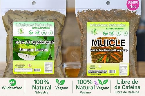 Miniatura 8 de Té de hierbas de hojas de guanábana (guanábana)  4 onzas + té de hierbas Muicle (madreselva mexicana)  4 onzas  Hoja suelta silvestre  100% natural,