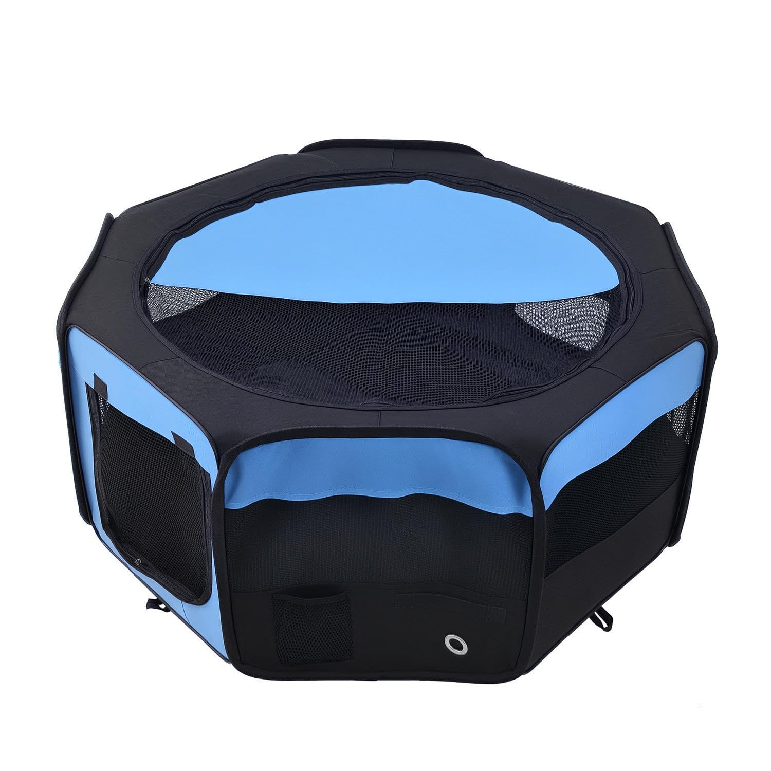HOMCOM Foldable Pet Playpen - Blue/Black - Octagon Shaped - 8 Panels - Breathable Mesh - Waterproof Floor - Portable