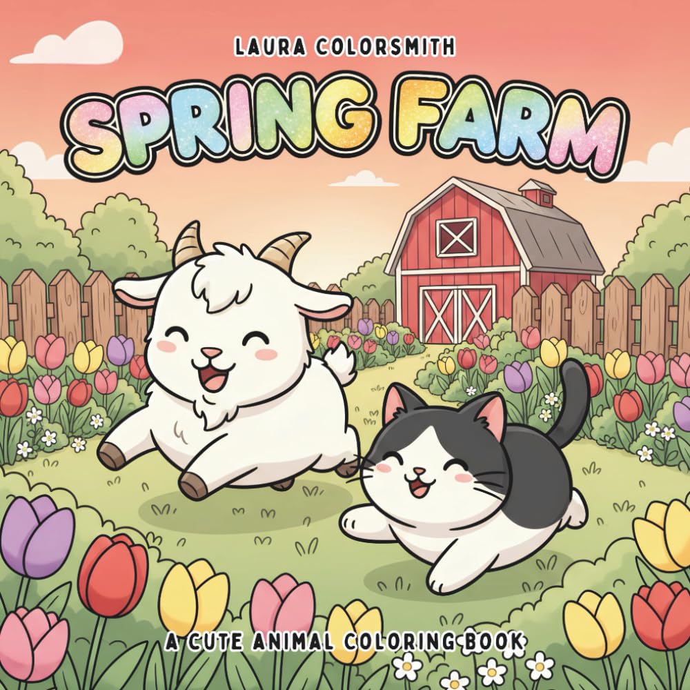 Spring Farm – A Cute Animal Coloring Book: Cute Farm Animals and Beautiful Spring Countryside Scenes for Stress Relief and Enjoyment (Spring Coloring Book For Kids)