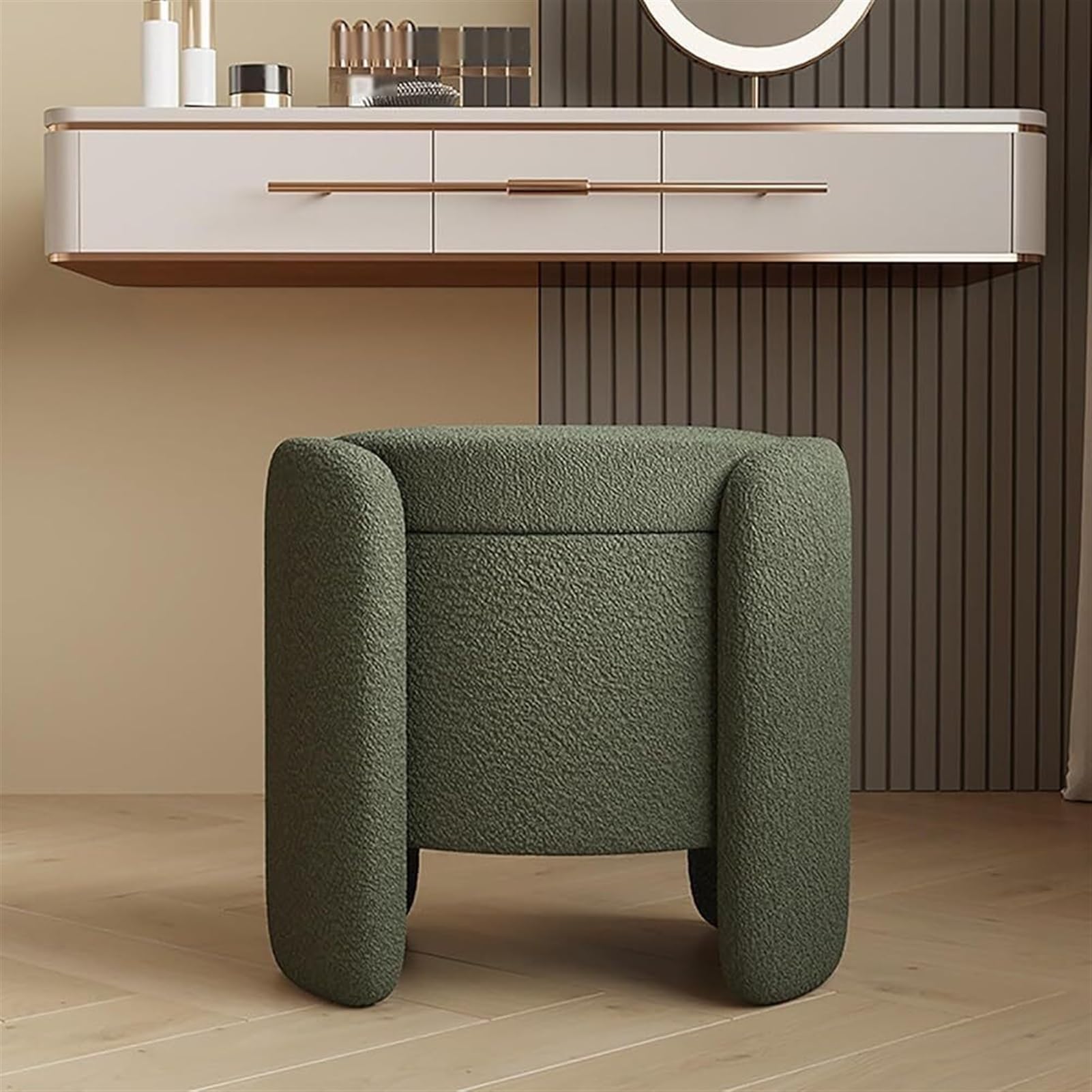 Pouf rembourré moderne en tissu teddy vert avec coffre de rangement de salon