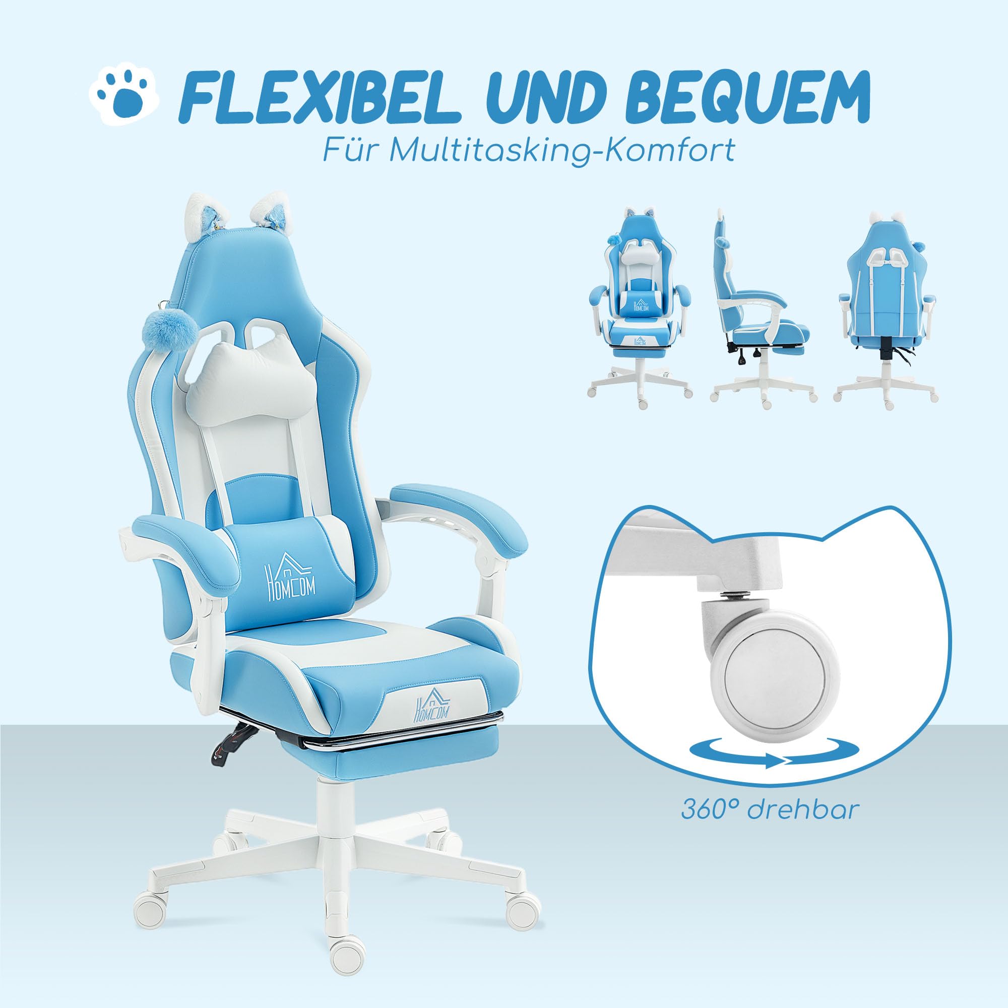 HOMCOM Fotel gamingowy, ergonomiczny fotel dla graczy z podparciem okolic lędźwiowych, podnóżek, fotel gamingowy z kocimi uszami, poduszka pod głowę, regulowana wysokość, krzesło biurowe z funkcją