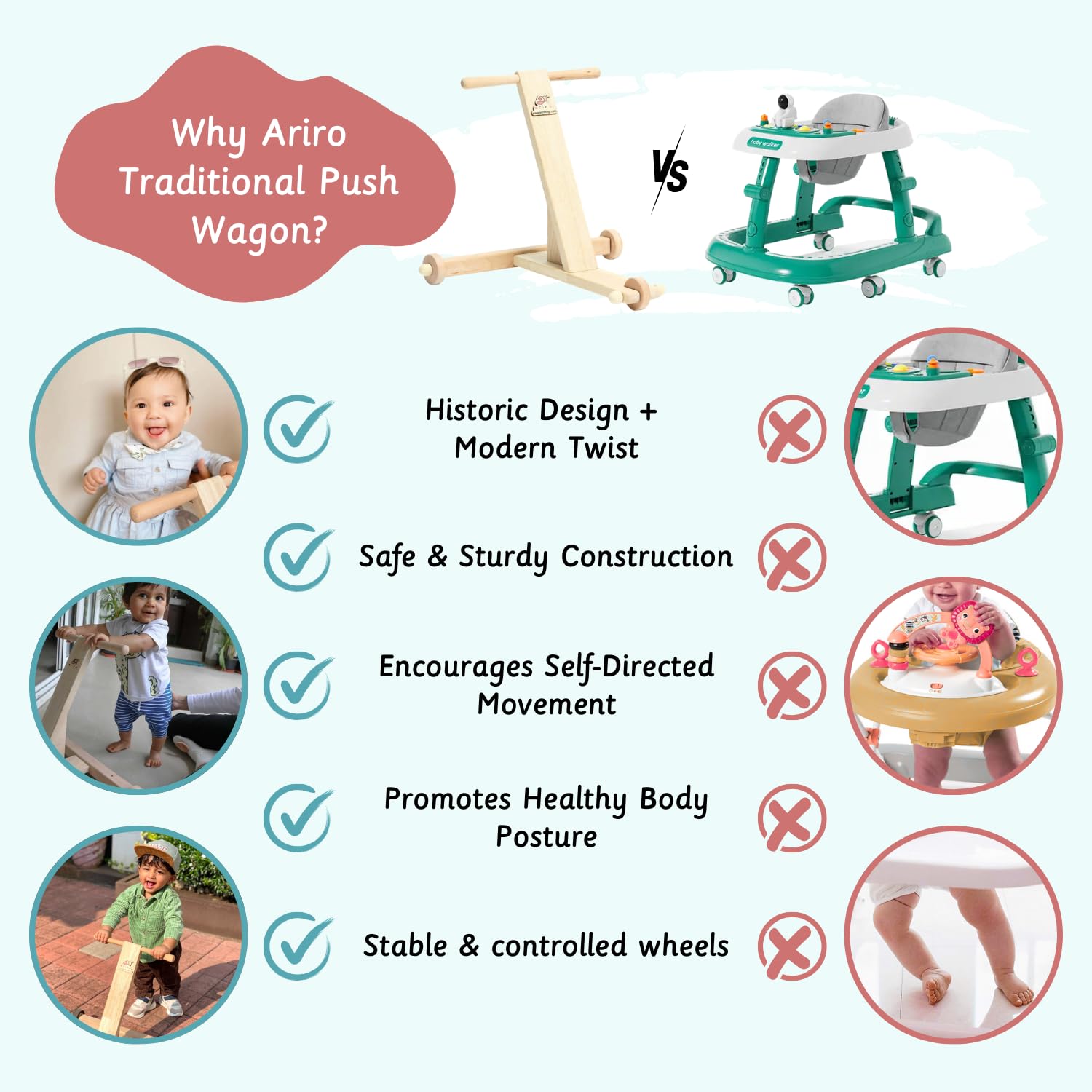Ariro Toys Wooden Push Walker (nadai vandi) for Infants and Toddlers | Sturdy Baby | Montessori Push Wagon for 9 Months and Above | Easy to Assemble Kid - Image 2 thumbnail