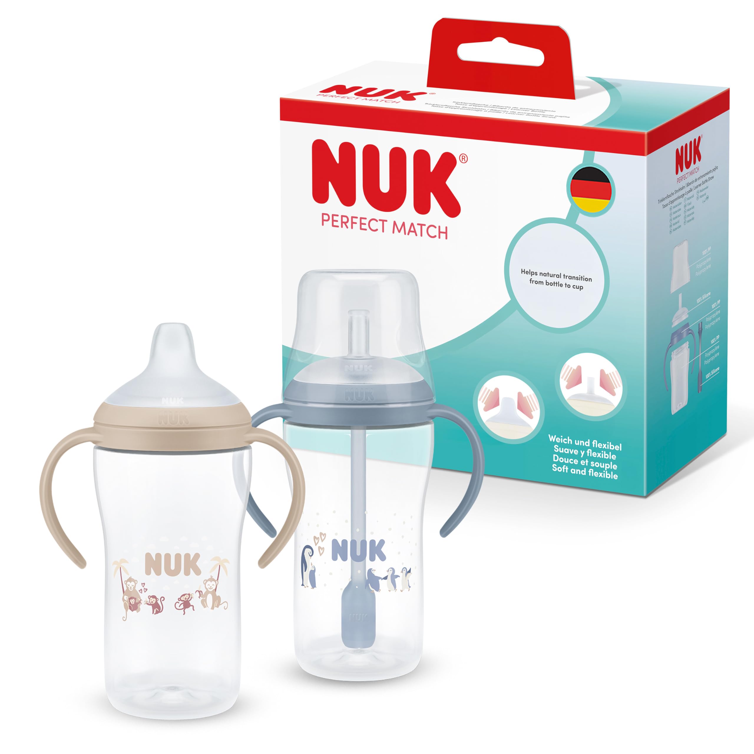 Perfect Match Learner Straw Bottles | 6+ Months | 260ml | Leak Proof Baby Straw Cup | Anti-Slip Handles | Monkey & Penguin | 2 Count