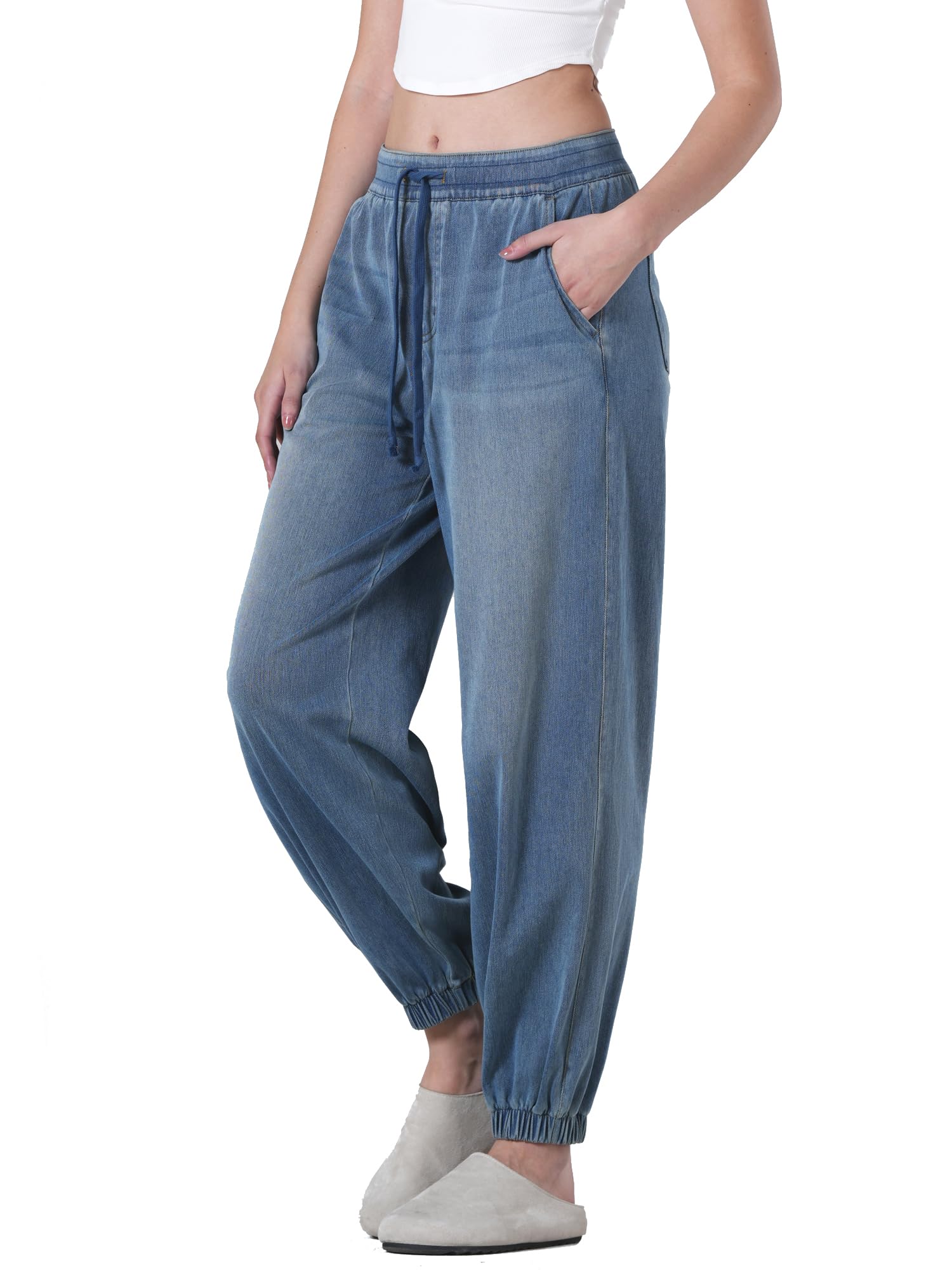 LaiEr Jogger in Denim Donna,Vita Media,Vita Elastica con Coulisse,vestibilità Conica,Stile Casual Confortevole, Jeans Morbido ed Elastico,Adatto per Sport e Yoga,Capo alla Moda per Uso Quotidiano