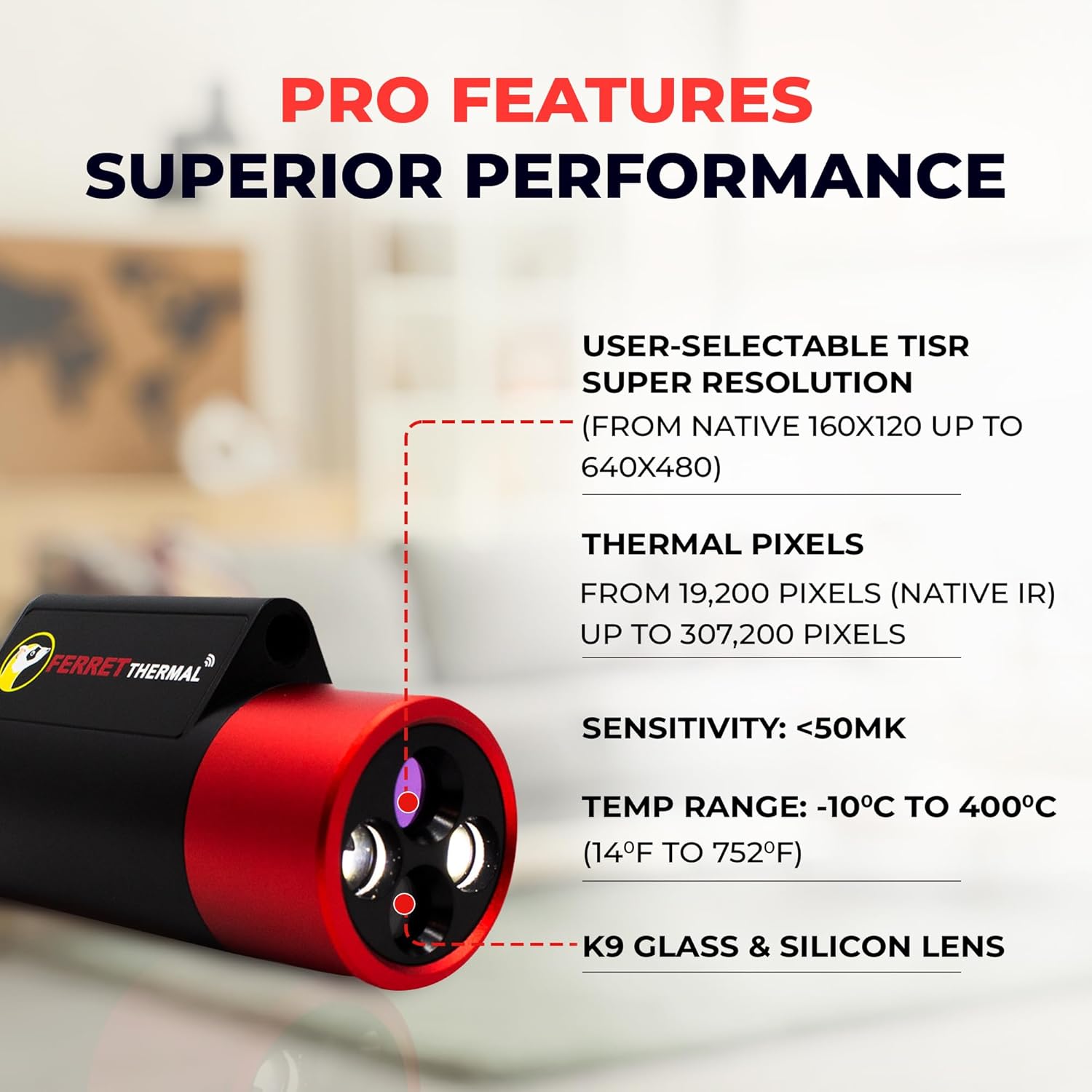 Diagram showing Ferret Thermal Camera pro features like TISR resolution, thermal pixels, sensitivity, temperature range, and K9 glass & silicon lens.