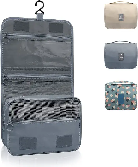 Foldable Hanging Toiletry Bag - Light Grey Travel Cosmetic Organizer for Men & Women
