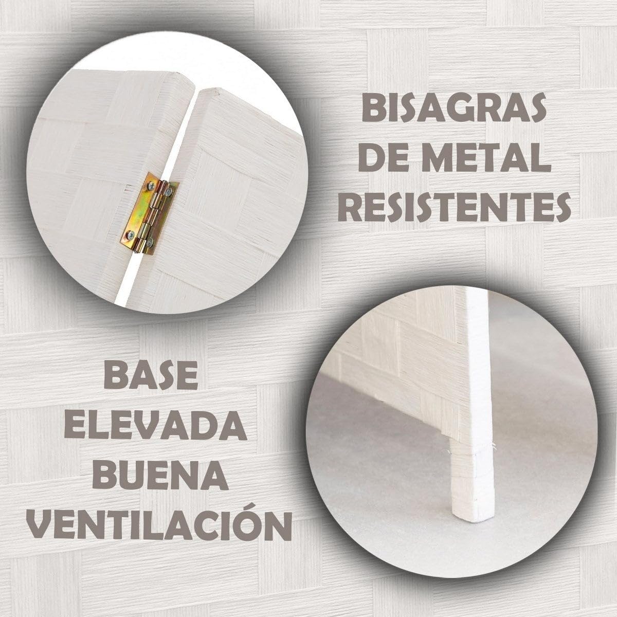LOLAhome - Biombo de 3 Paneles Plegable, Panel Divisor de Espacios de Madera y Papel Trenzado, Separador de Ambientes para Dormitorio, Salón, Oficina Blanco 120x175 cm