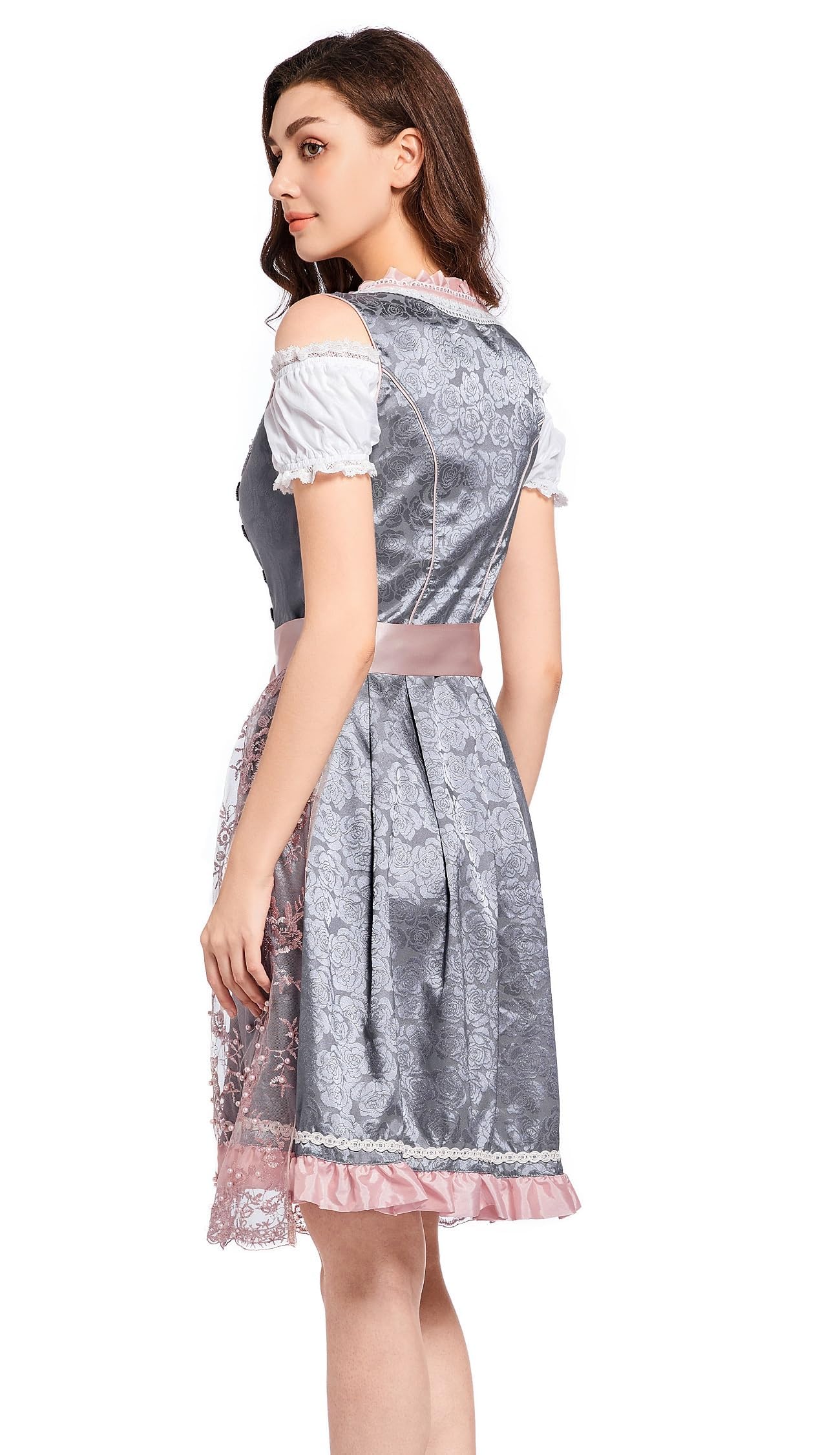 VKI Midi Dirndl Damen Kleid mit Spitzenschürze, Bayerische Tracht Oktoberfest Damen Outfit