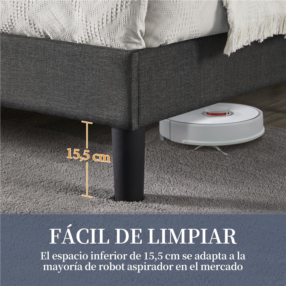 Yaheetech Marco de Cama Tapizada de 140 x 200 cm Camas de Matrimonio con Cabecero Regulable en Altura Estructura Estable con Listón de Madera, Color Gris Oscuro