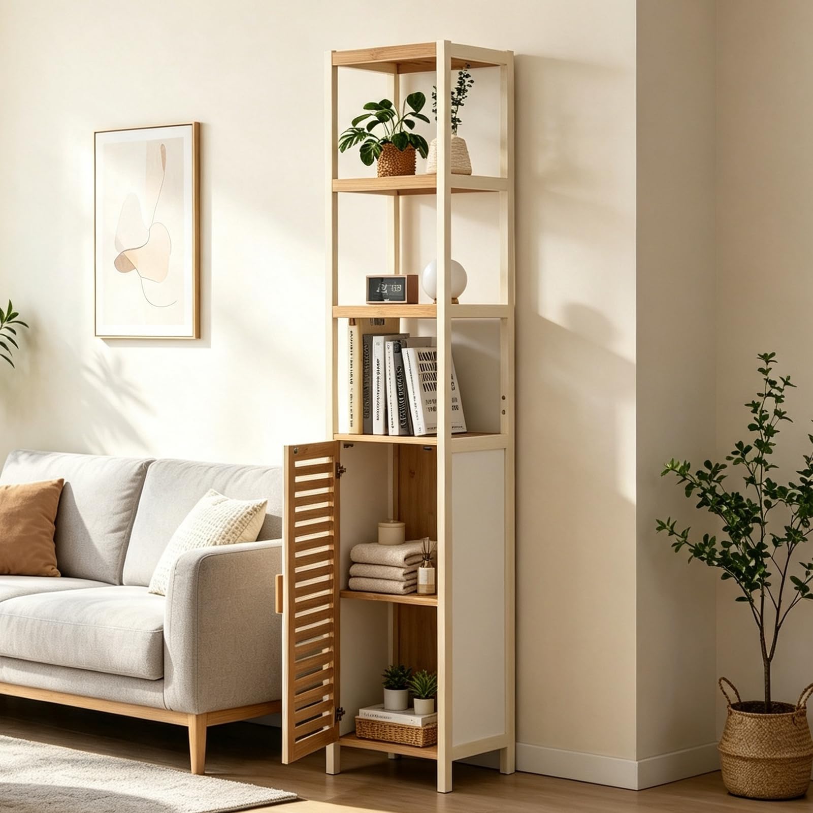 Badezimmerschrank Schmal, Badregal Bambus mit 3 Offene Fächern und Schrank, Hochschrank Bad 33x33x165cm, Toilettenschrank für Badezimmer, Wohnzimmer, Küche