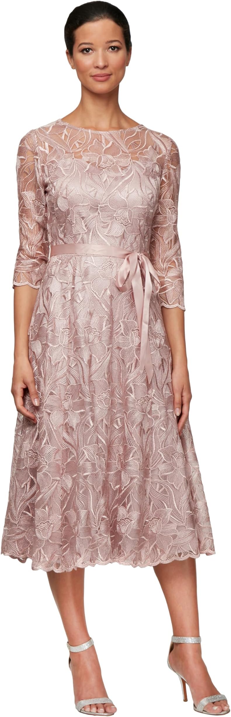Womens Tea Length Embroidered Cocktail Dress with Illusion Sleeves, Wedding Guest (Petite and Regular Sizes)