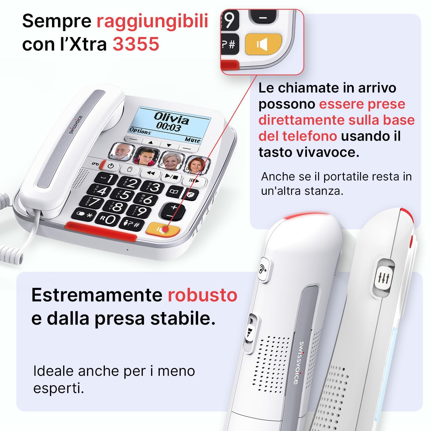SWISSVOICE - Xtra 3355 Combo - DECT - Telefono con filo per anziani + telefono cordless - Tasti grandi - Segreteria - Audio Boost - Suonerie forti - Compatibile apparecchi acustici - Blocco chiamate