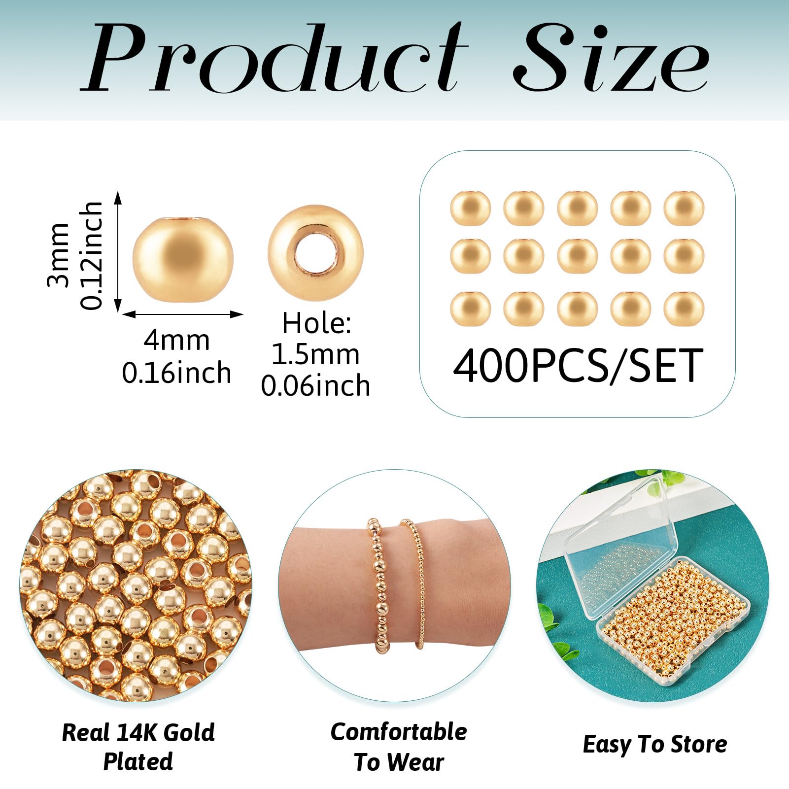 Bestewelry 400Pcs 4mm 14K Gold Plated Brass Round Beads for DIY Crafts Necklace Bracelet Jewelry Making - Image 3
