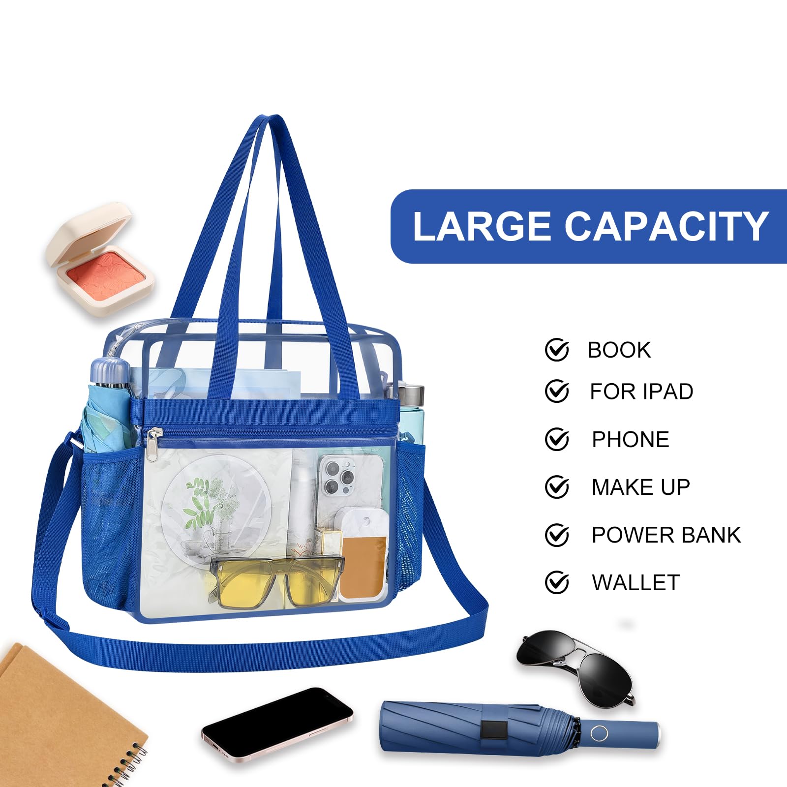 USPECLARE Transparente Tragetasche, Stadion-genehmigt, Sicherheits-Reisen und Fitnessstudio, transparente Tasche für Arbeit, Sport, Spiele, Konzerte, Blau, Large