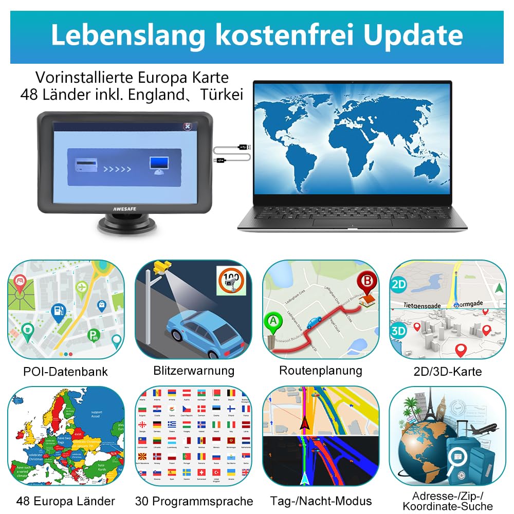 AWESAFE Bluetooth Navigationsgerät für Auto mit Rückfahrkamera, 7 Zoll Touchscreen, 2023 Europa Karten unterstützt lebenslang kostenloses, GPS Navigation für Auto PKW KFZ LKW