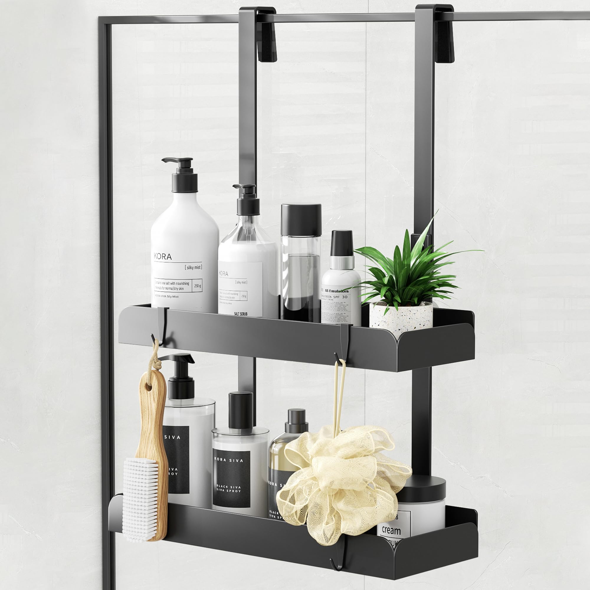 pickpiff Shower Caddy Hanging Organiser Storage - Over Door Shower Shelf No Drilling Bathroom Rack Basket Bath Accessories No Drilling Black 2-Tier Shower Storage Stainless Steel