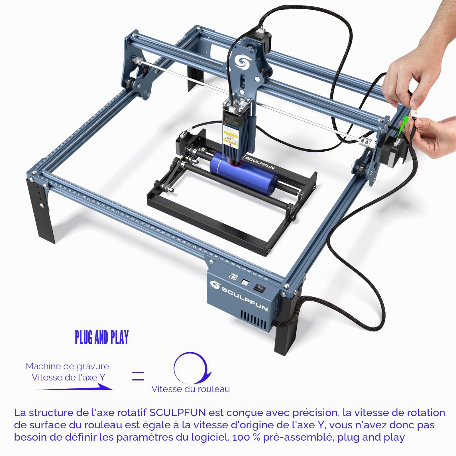 Rouleau rotatif laser SCULPFUN - Axe Y - Rotation à 360° pour la gravure laser d'objets cylindriques, boîtes (avec 4 pieds de surlignement)