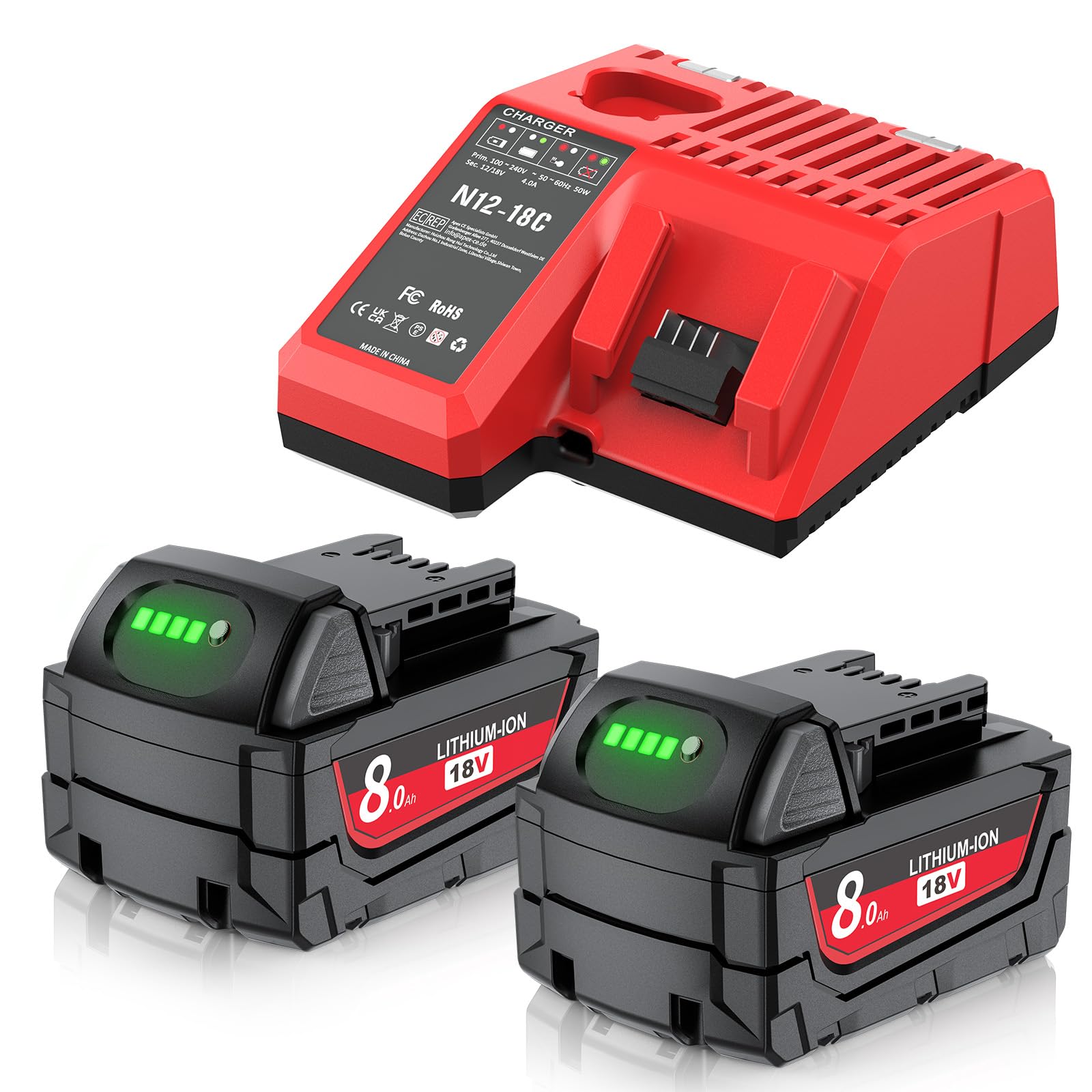 8.0Ah Replacement for Milwaukee M18 Battery with Milwaukee Battery Charger