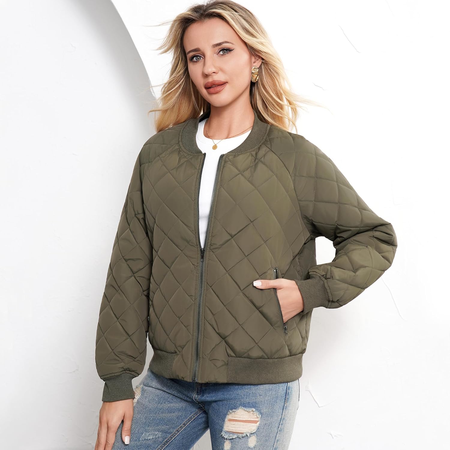 Women's Bomber Jacket - Fashion Quilted Casual Bomber Jakcets Lightweight Zip up Outerwear Jacket with Pockets - Image 7