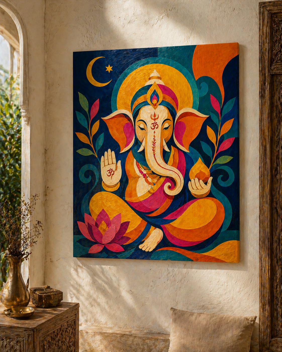 Ganesha Oil Painting Handmade on Stretched Canvas Wall Art | Vibrant Colours, Om Symbol, Lotus Motif, Multiple Sizes, No Frame-image-43