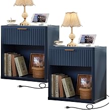 LEYAOYAO Fluted Farmhouse Nightstand Set of 2 with Charging Station, 23" Wide 1 Drawers Night Stand,Blue Dresser for Bedroom,Bed Side Table Chest of Drawers,Wood End Table for Living Room