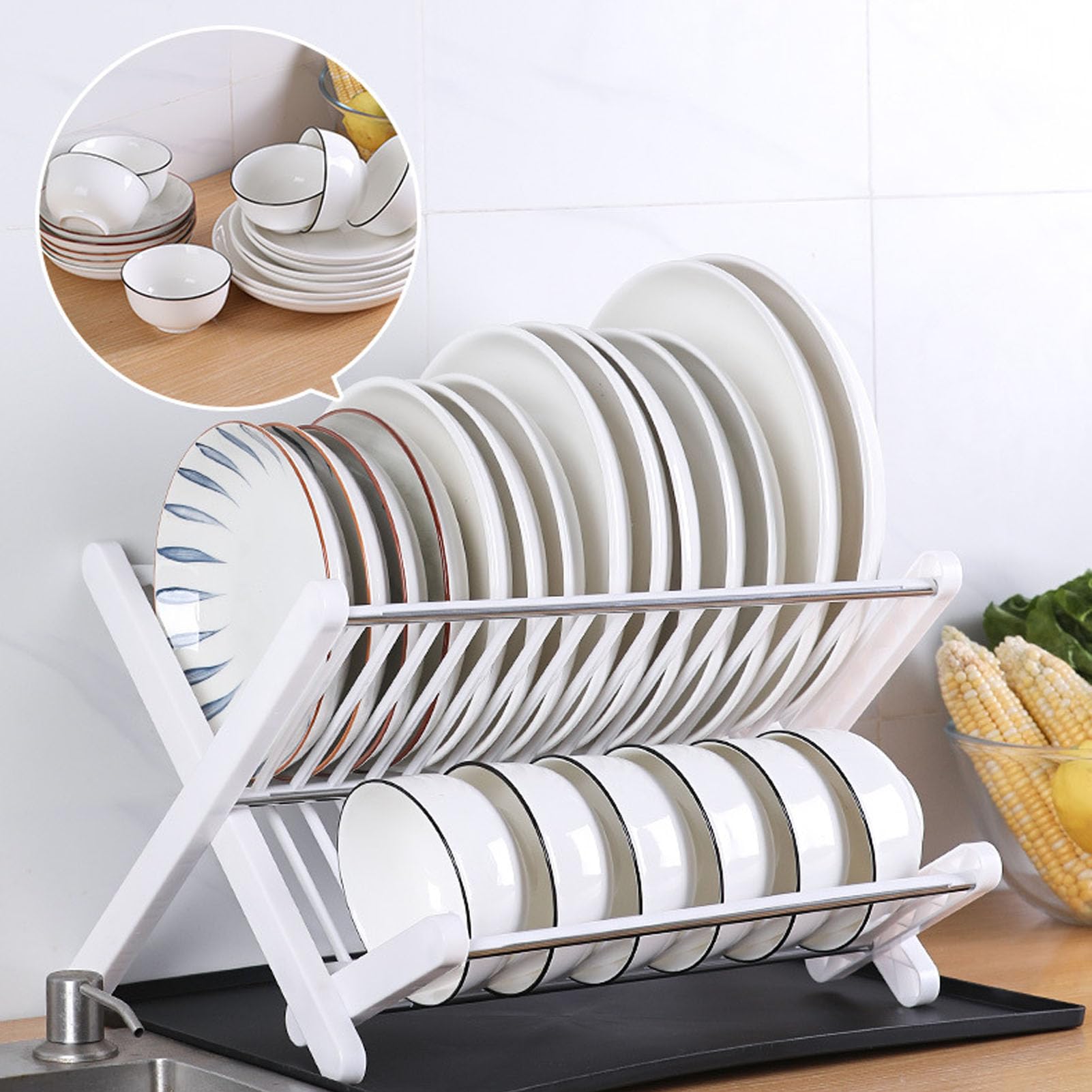 Agatige Abtropfgestell mit Abtropfschale, faltbar, 2 Ebenen, Abtropfgestell, Tellerhalter für Küchenspüle, Arbeitsplatte, Besteck, Teller, Geschirr (White)