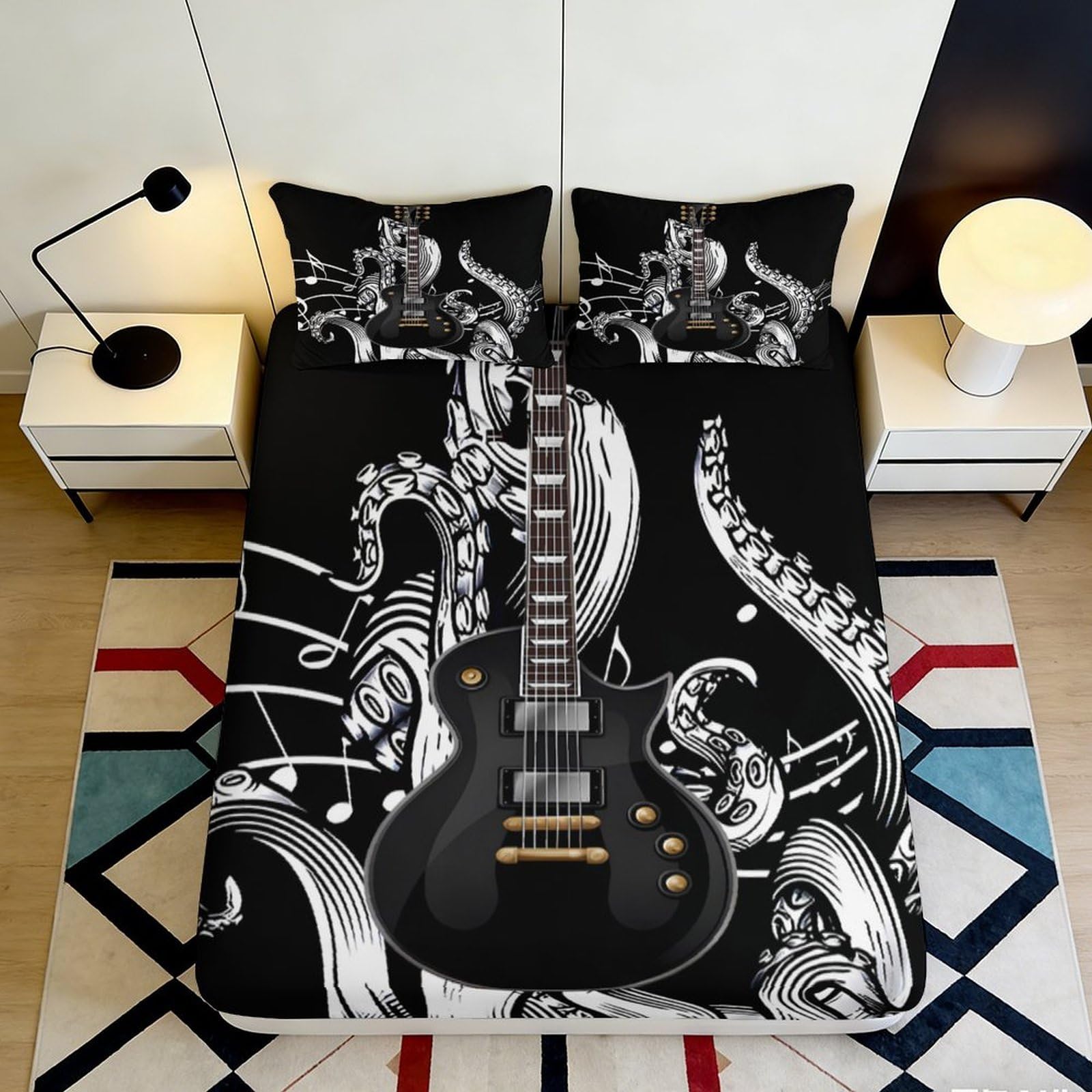 3D Printed Black Electric Guitar Fitted Sheet Microfiber Soft Durable Musical Notes Bed Sheet for Bedroom Dormitory Guest Room Mattress Protection Decor 180x200x25cm
