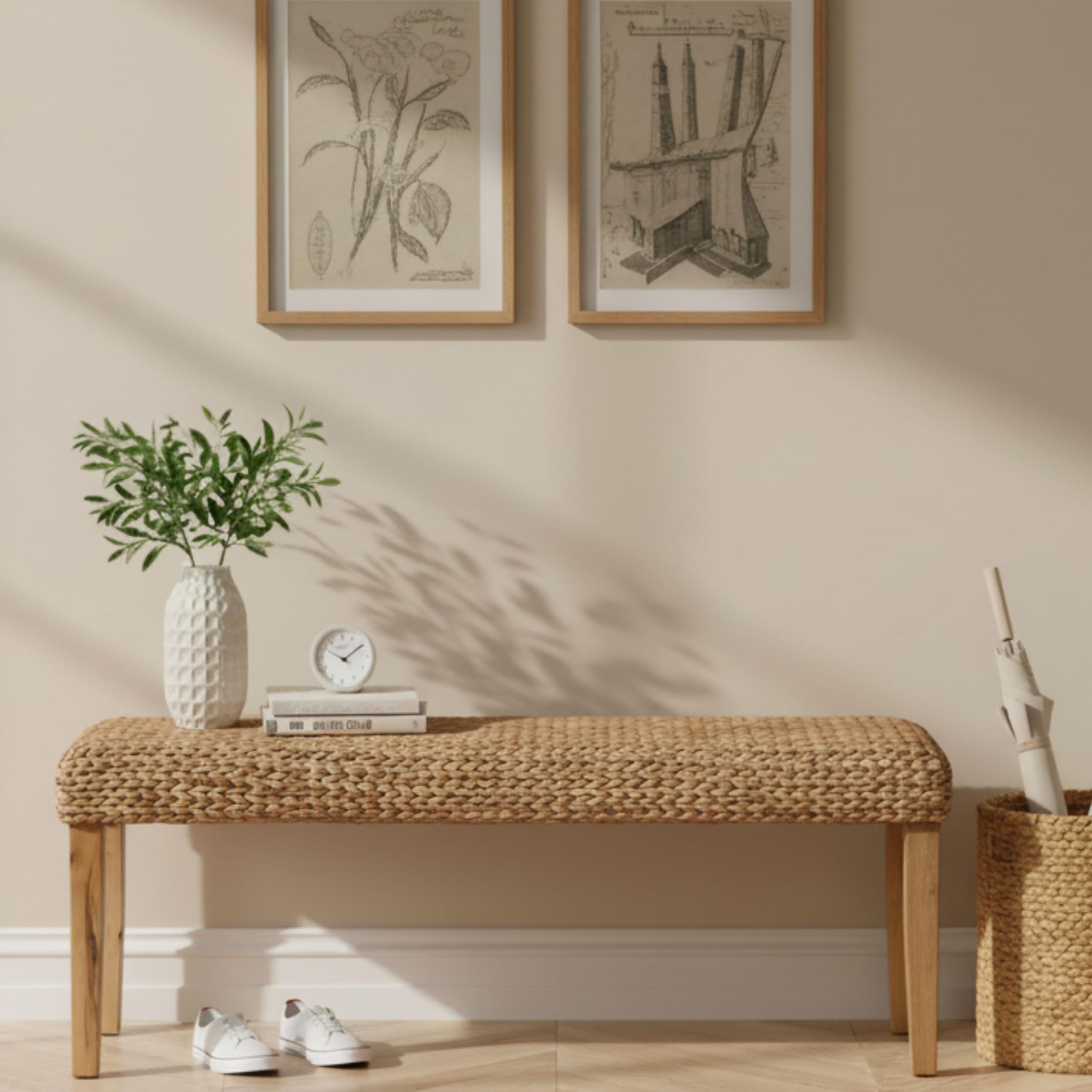 Solid Wood Acacia Indoor Bench, 47 Inch Water Hyacinth Seat, Fishbone Style | Natural Woven Seat, Living Room or Entryway, Bedroom End of Bed or Dining