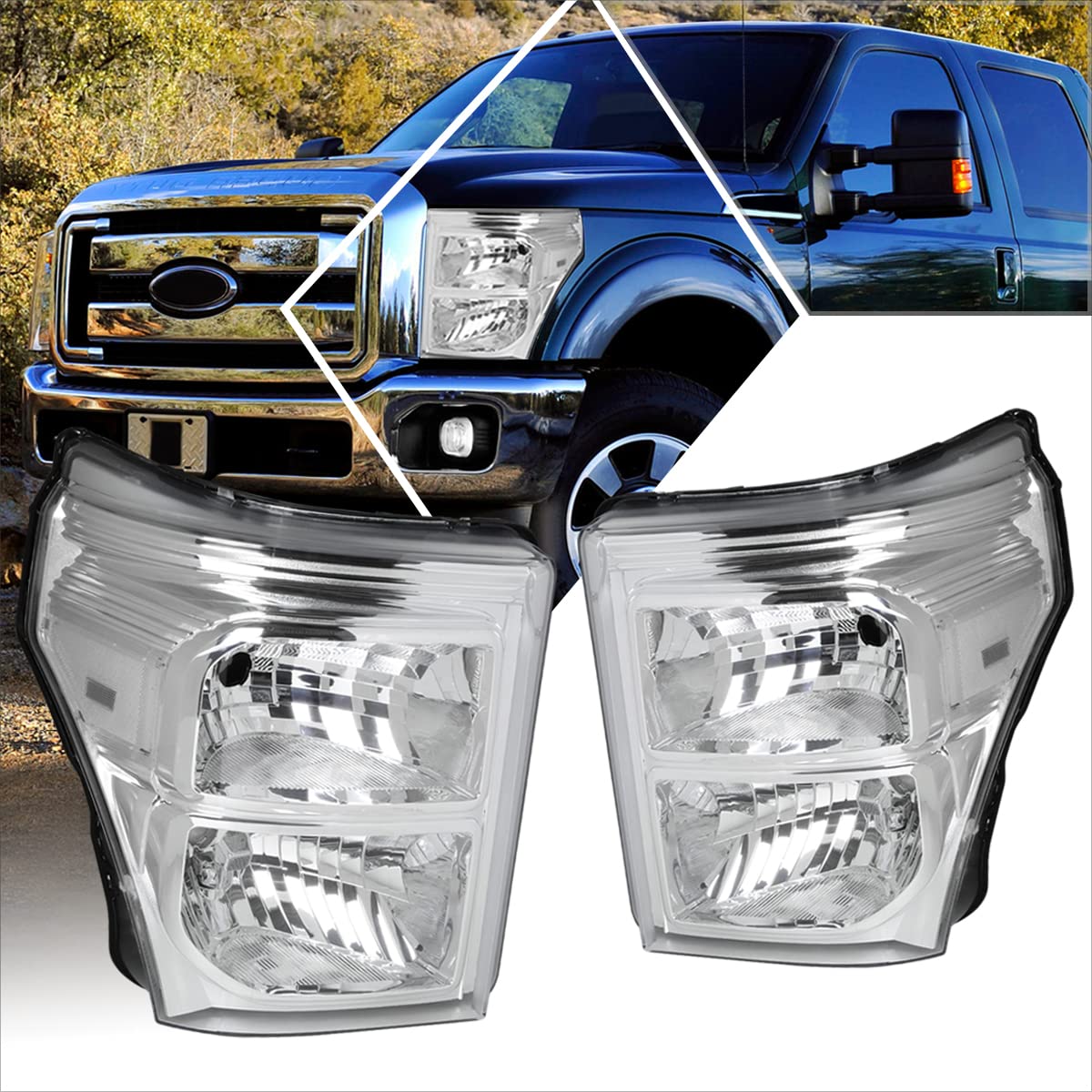 PM PERFORMOTOR Headlights Assembly Compatible with 11-16 Ford F250-F550 Super Duty | 2PCS Headlamps with Chrome Housing Clear Lens