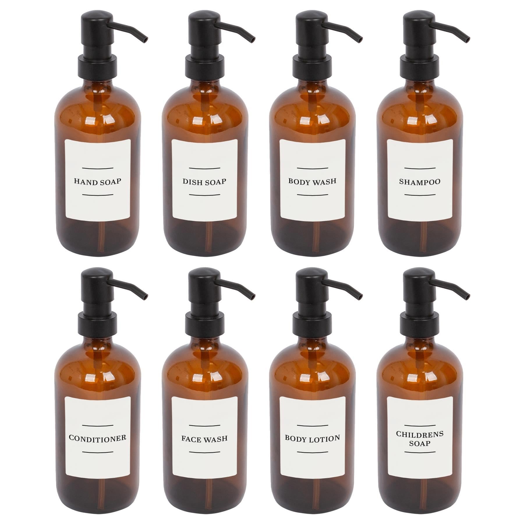 Harbour Housewares Glass Soap Dispensers with Labels Pack of 8-500ml Amber Refillable Bottles with Black Pumps and White Labels - Bathroom and Kitchen Accessories for Hand Wash, Lotion or Sanitiser