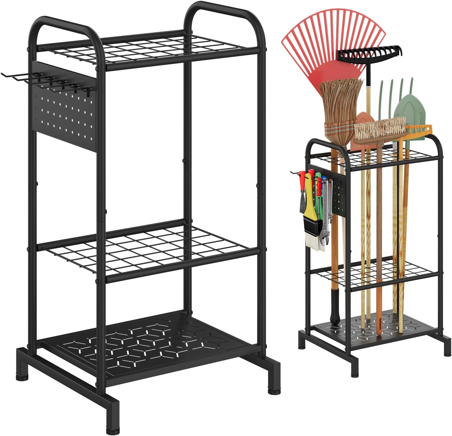 Garden Tools Organizer Rack, Yard Tool Rack with Wheels, Heavy Duty Steel Yard Tool Organizer and Storage Holder Broom Holder for Shed, Patio, Outdoor (Rack with Wheels)