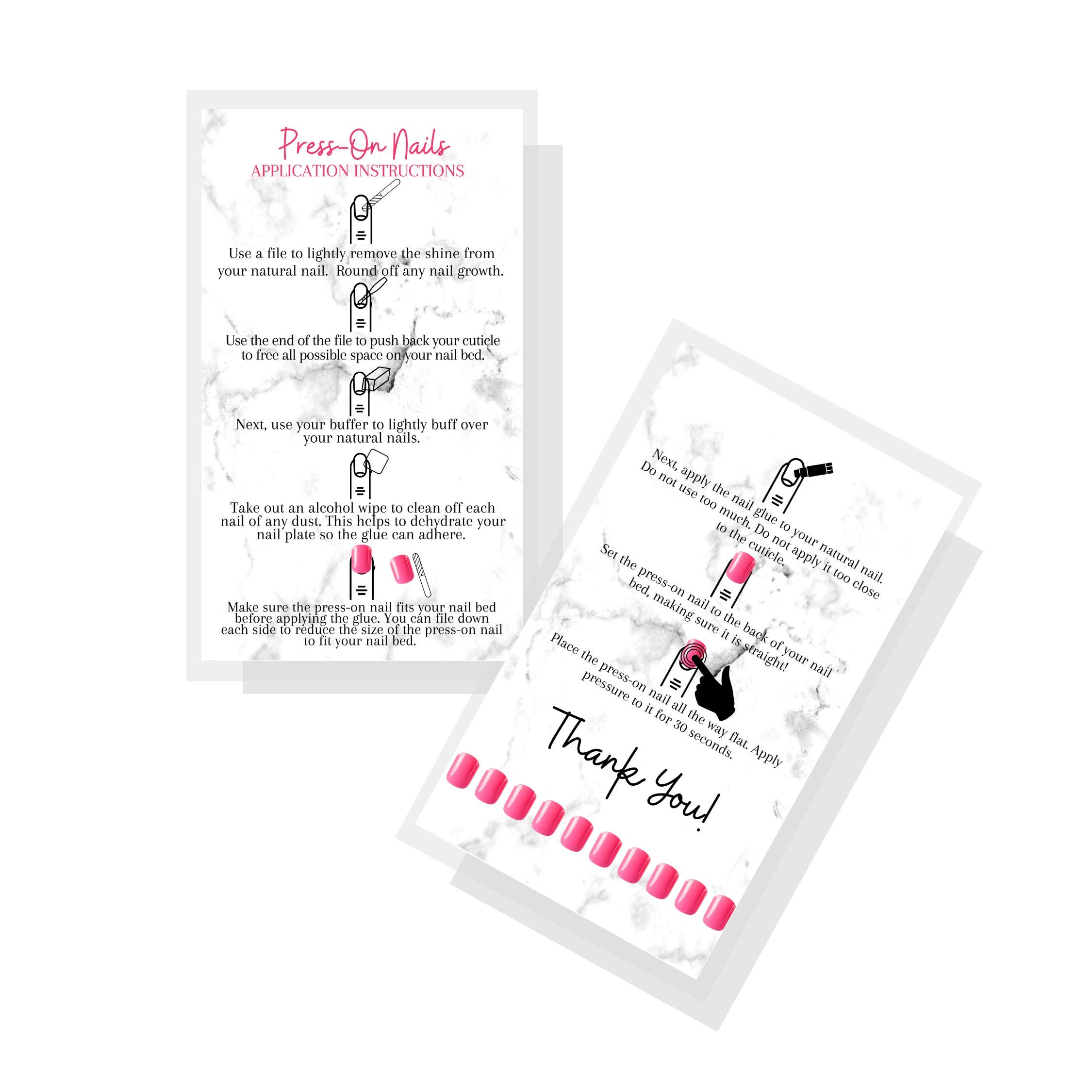 Amazon.com : Press-On Nail Application Instructions Cards | 50 Pack |  2x3.5" inch Business Card Size | DIY Press-On Nail Kit | Marble with Pink  Design : Office Products