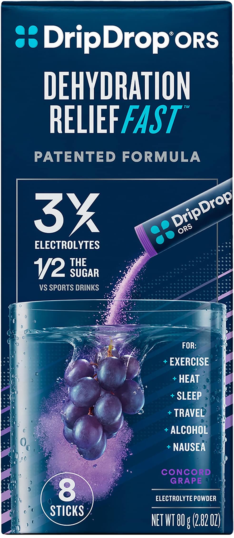 DripDrop, ORS Electrolyte Powder for Fast Dehydration Relief - Concord Grape, 8 Count