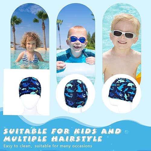 Miniatura 5 de Gorros de natación para niños, 3 piezas, tiburón, delfín, sombreros de natación, unisex, de poliéster, gorra de ducha para piscina, gorras de