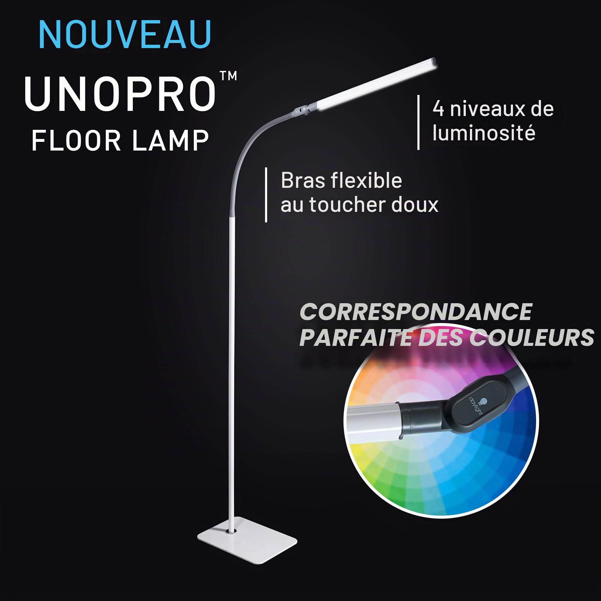 daylight Lampadaire UnoPro - Nouvelle lampe LED - Lumière du jour 6 000 K, 1 145 lux à 30 cm, 4 niveaux de luminosité, bras flexible, basse consommation, blanc