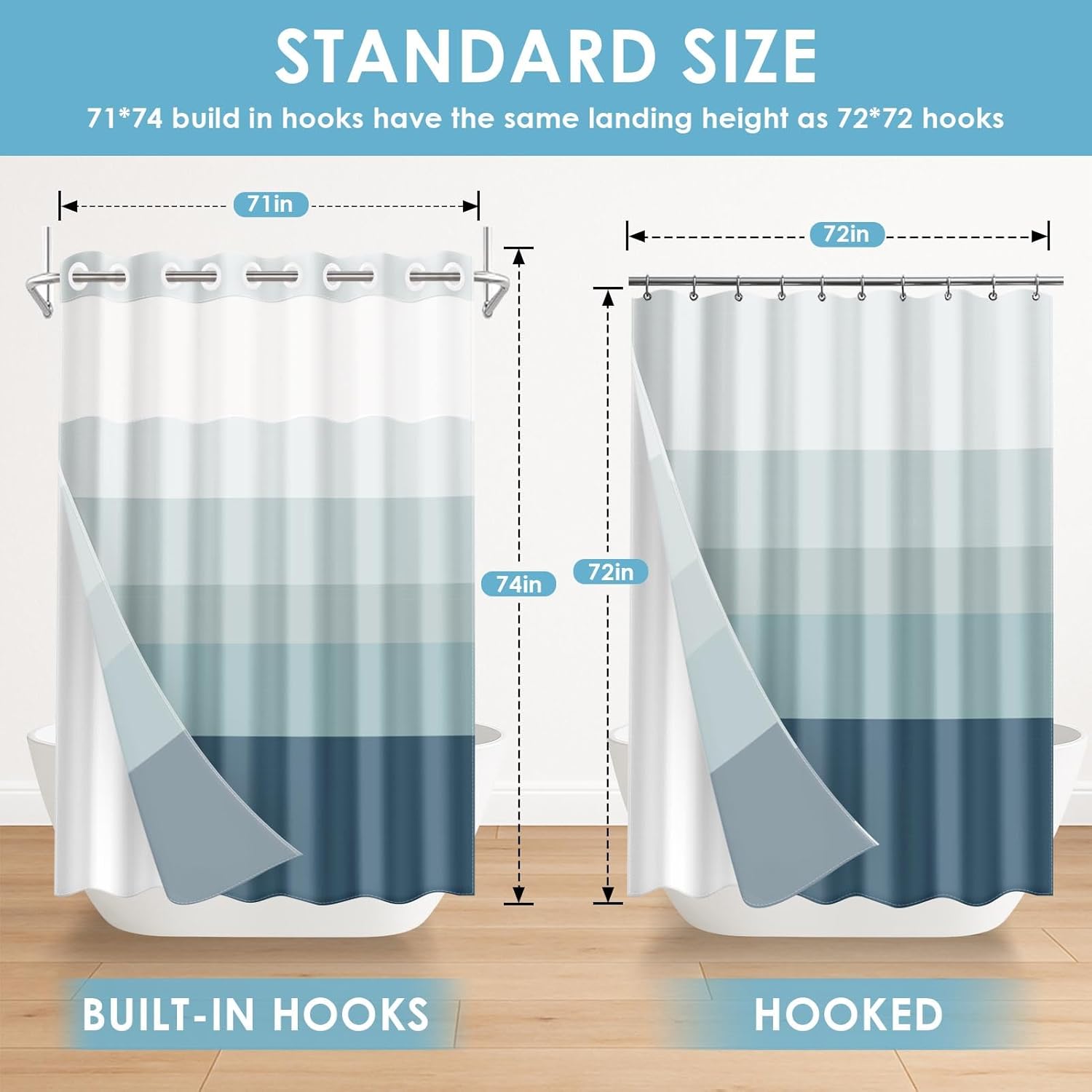 No Hook Blue Ombre Shower Curtain with Snap in Fabric Liner Set, Modern Geometric Double Layers Waterproof Fabric with See Through Top Window Bath Curtain 71x74 Inch
