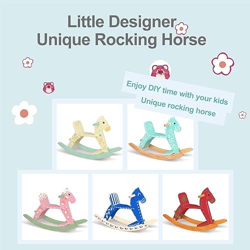 Miniatura 5 de Caballo mecedor de madera para bebé, juguete para niños pequeños, diseño clásico con pedal y respaldo seguro para niños pequeños (azul)