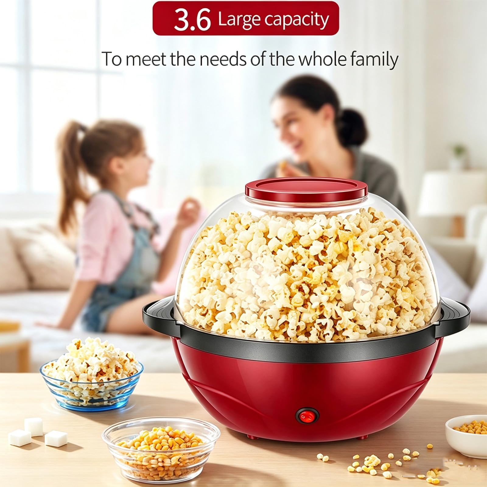 Elektryczny wyrzutnik popcornu 850W, sterowanie jednym przyciskiem | Maszyna do popcornu o dużej pojemności 3,6L z wbudowaną mieszadłem, nieprzywierającą patelnią