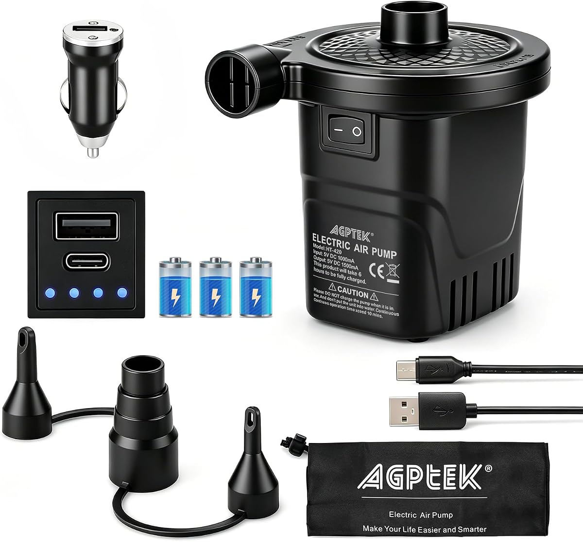 Bomba de aire recargable, desinflador inflador de llenado rápido de 4000 mAh, 3 boquillas | Bomba de aire eléctrica portátil, ligera, para camas de aire, colchones de aire, juguetes para la piscina, inflables, inflado rápido, Camping, al aire libre