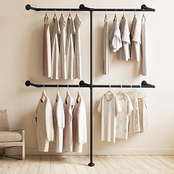 Industrial Pipe Clothing Rack, Heavy Duty Wall Mounted Clothes Rail, T-Shape Clothes Rack for Hanging Clothes, Multi-Purpose Clothing Garment Bar Rail with 4 Hanging Rod for Walk-in Wardrobe