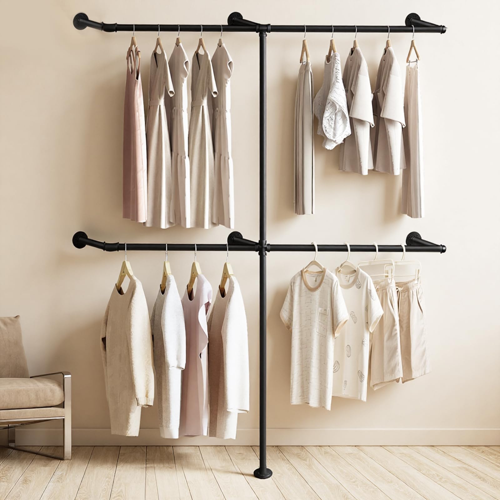 Gemsaya Industrial Pipe Clothing Rack, Heavy Duty Wall Mounted Clothes Rail, T-Shape Clothes Rack for Hanging Clothes, Multi-Purpose Clothing Garment Bar Rail with 4 Hanging Rod for Walk-in Wardrobe