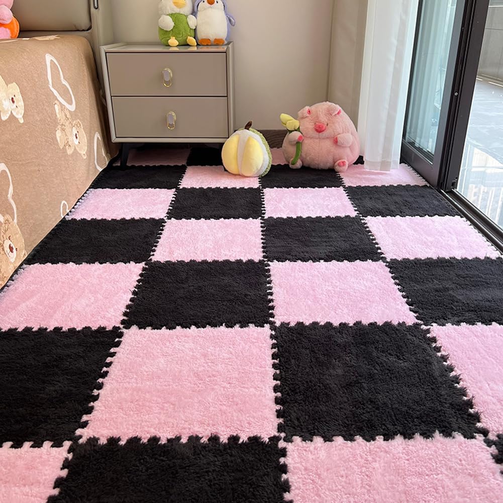 10Pcs Foam Play Mat 30x30cm Plush Square Interlocking EVA Foam Floor Tiles,Anti-Slip Play Area Rug Living Room Bedroom Gym Floor Protector (Pink Black,0.6cm Thick)