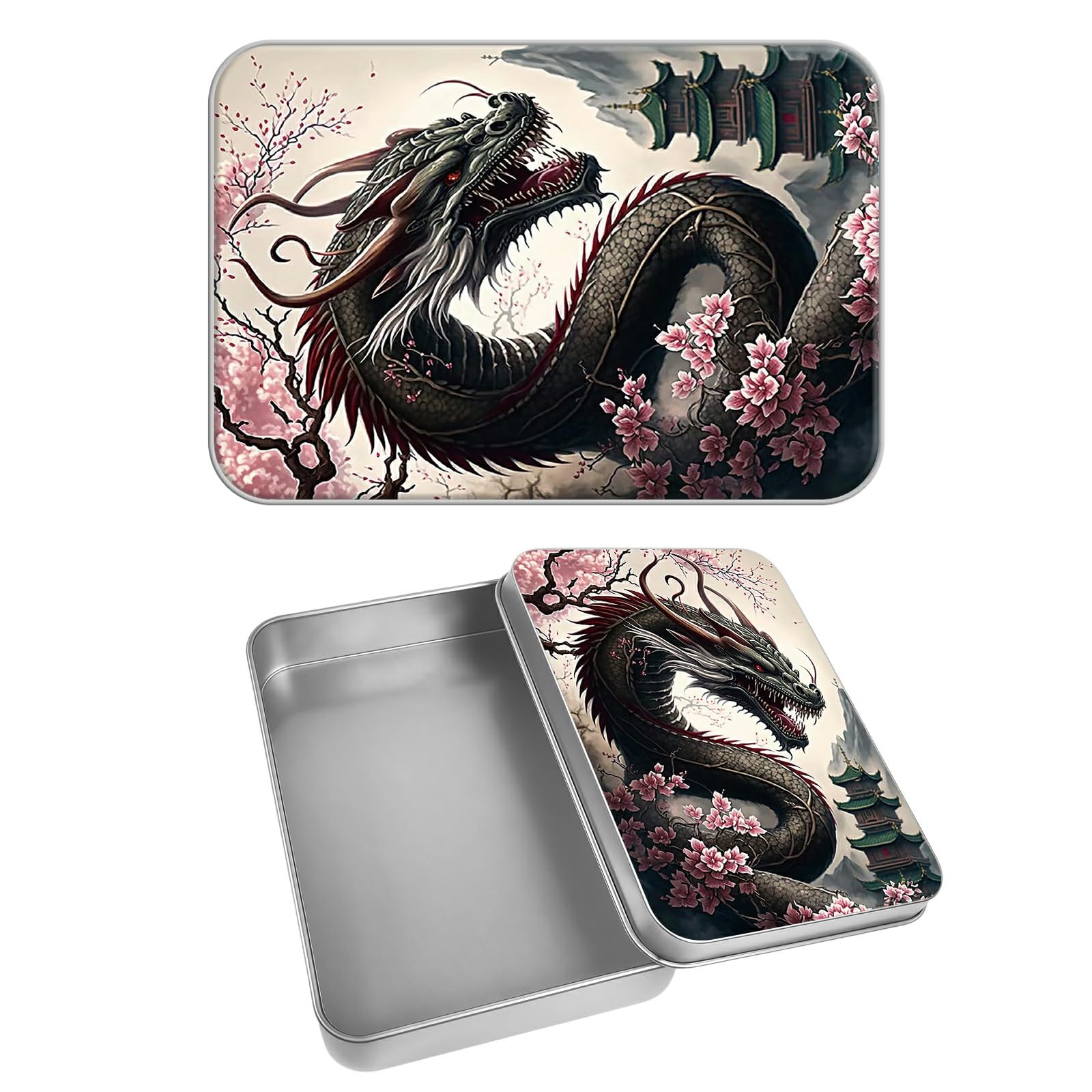 Rectangular Metal Tin Box with Removable Lid, Dragon Cherry Blossom Decorative Printed Metal Storage Container for Cards, Diaries, Home Organization 4.53 x 3.35 x 0.86 inch– Single Pack