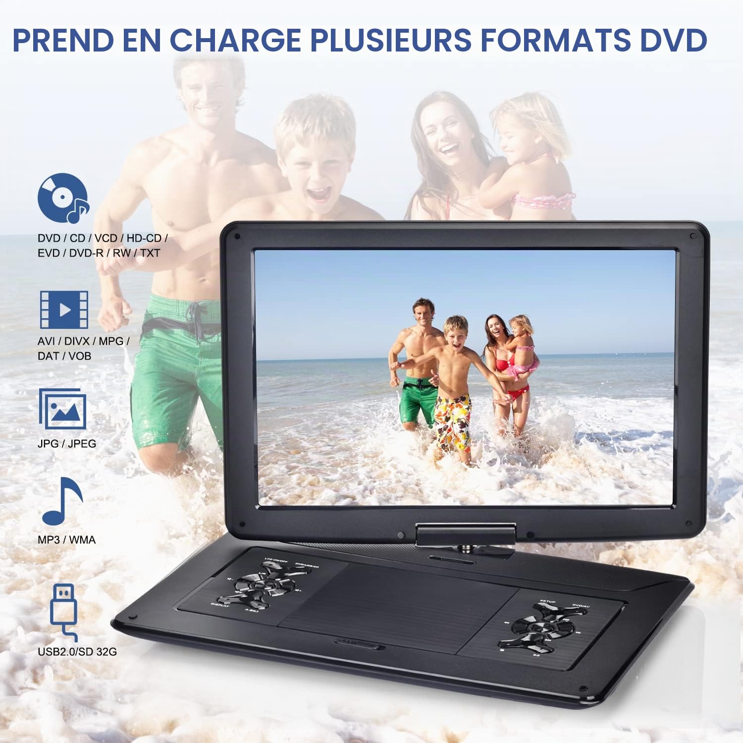 YOOHOO Lecteur DVD Portable 17,9" Écran Pivotant HD 15,6" Batterie Rechargeable Toutes Régions Enfants