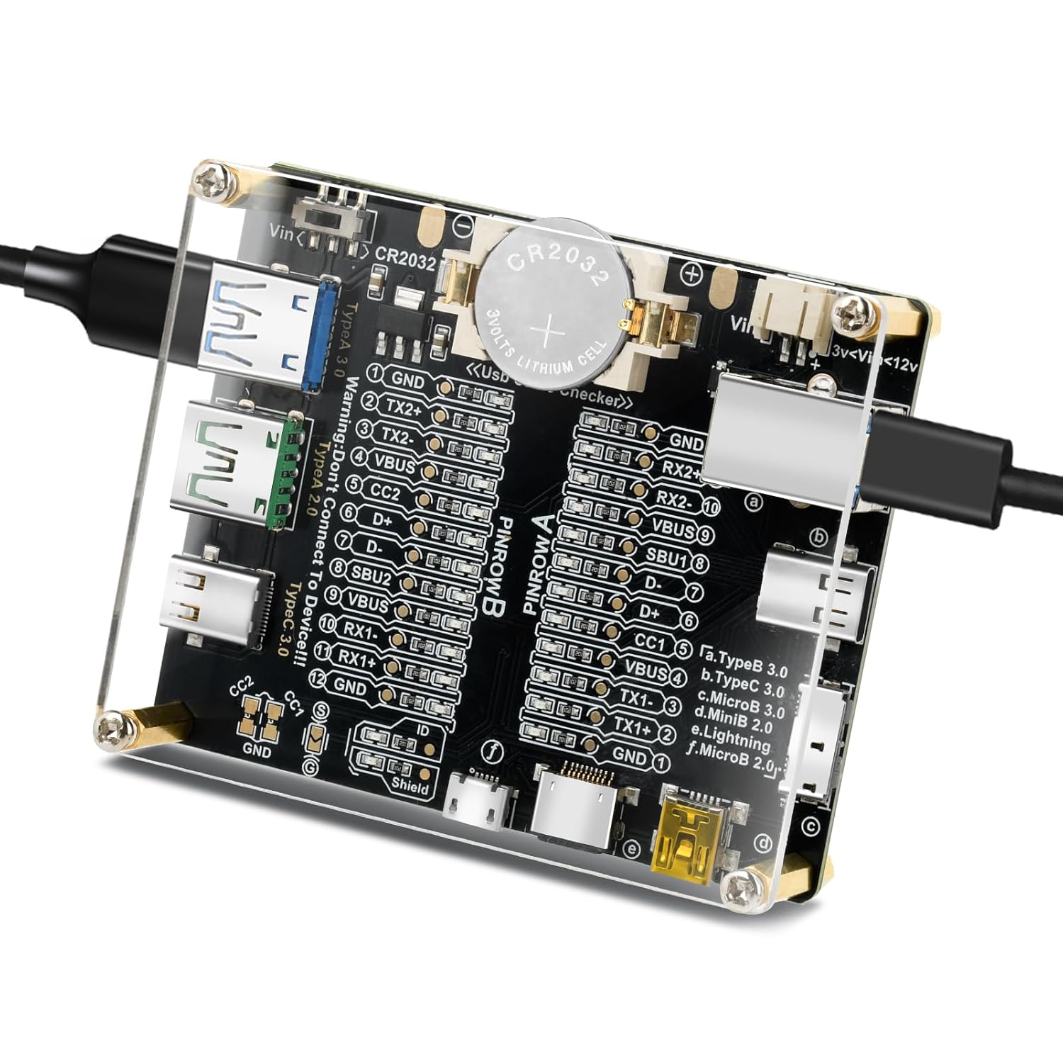Aideepen USB Cable Test Board showing various supported cable types like TypeB 3.0, TypeC 3.0/3.1/3.2, MicroB 3.0, MiniB 2.0, and Lightning.