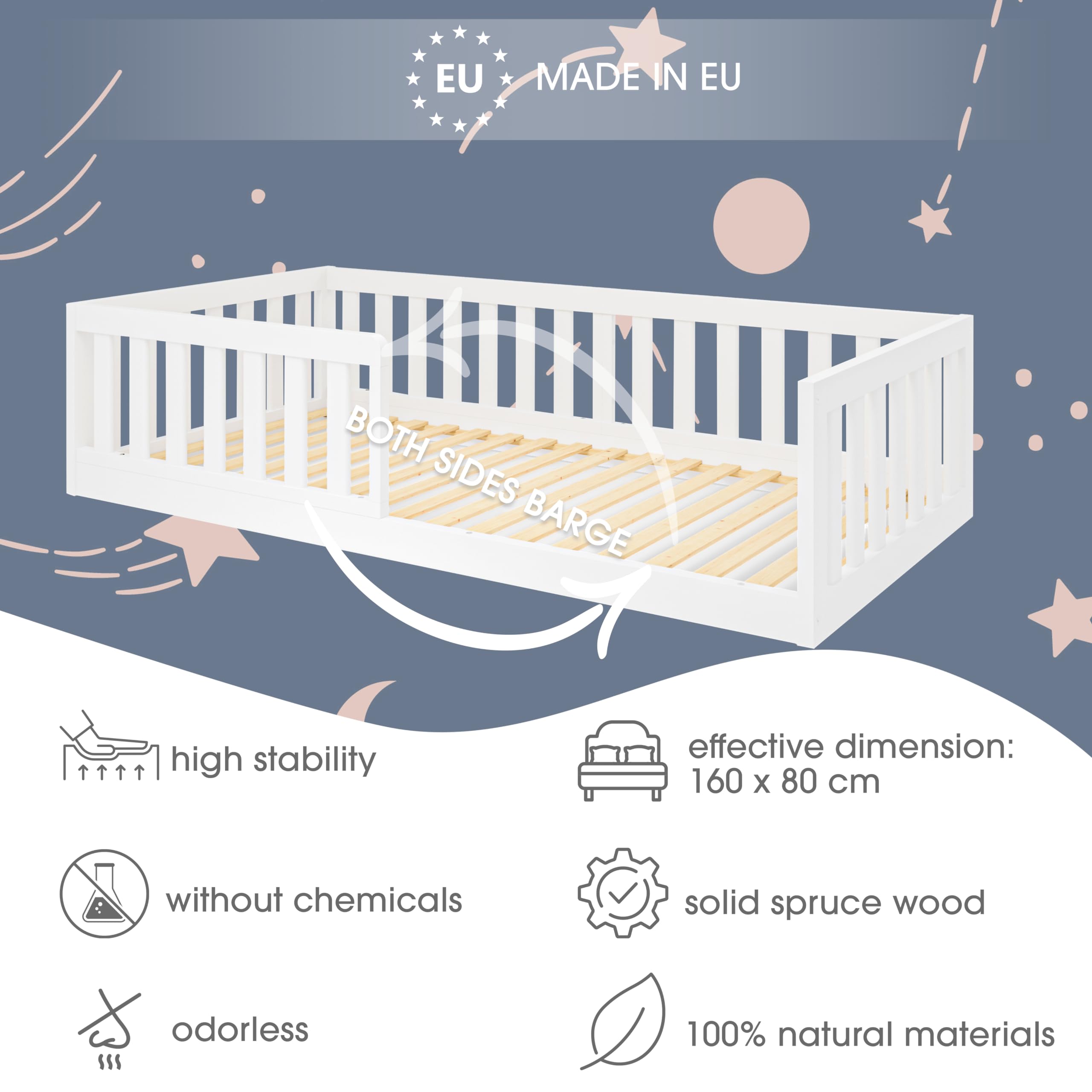MS FACTORY Cama Infantil de Madera 160x80 cm - Protección Anticaída 40 cm - Cama Nido sin Colchón